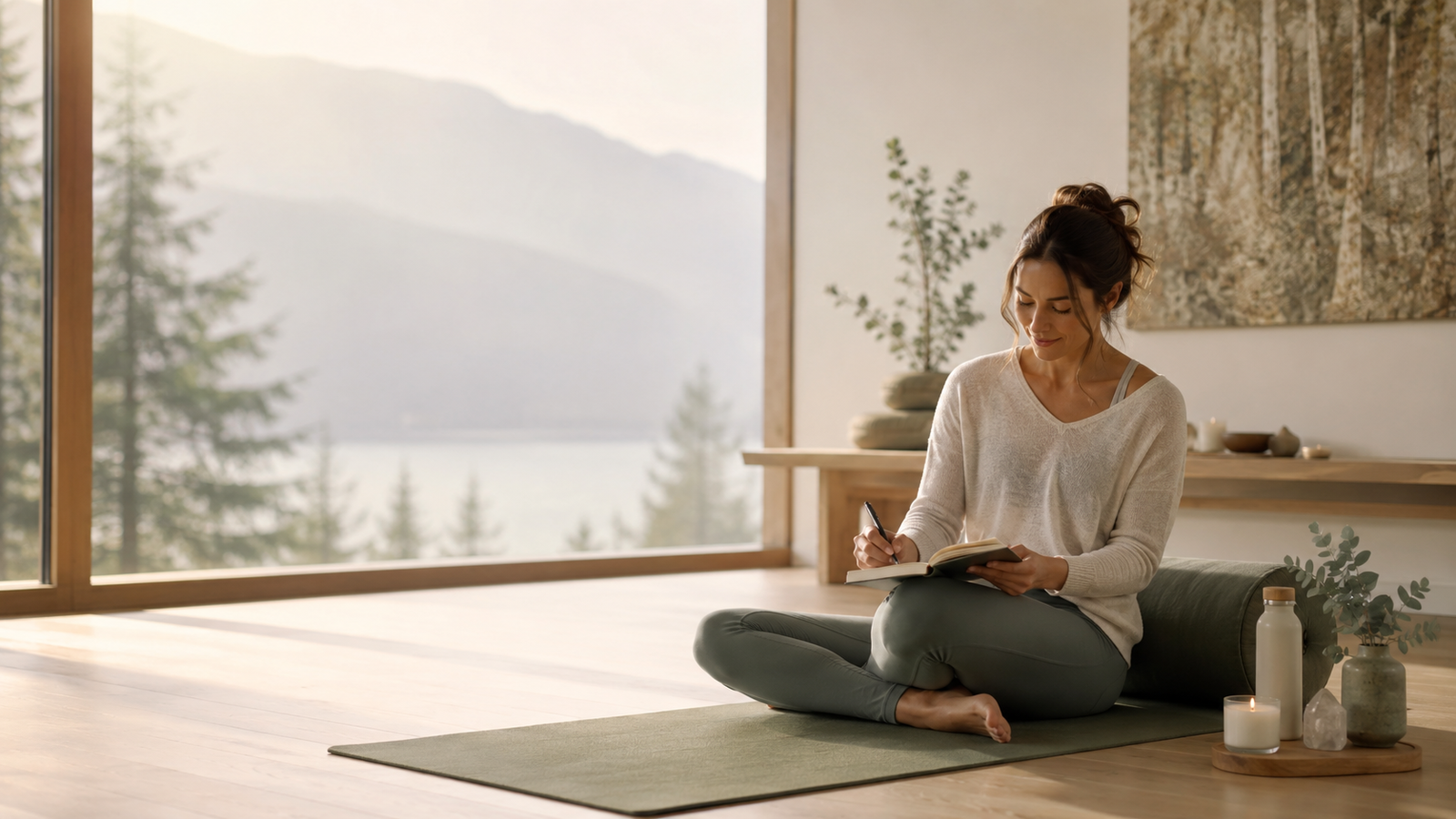 Yoga practitioner journaling after practice in a tranquil studio