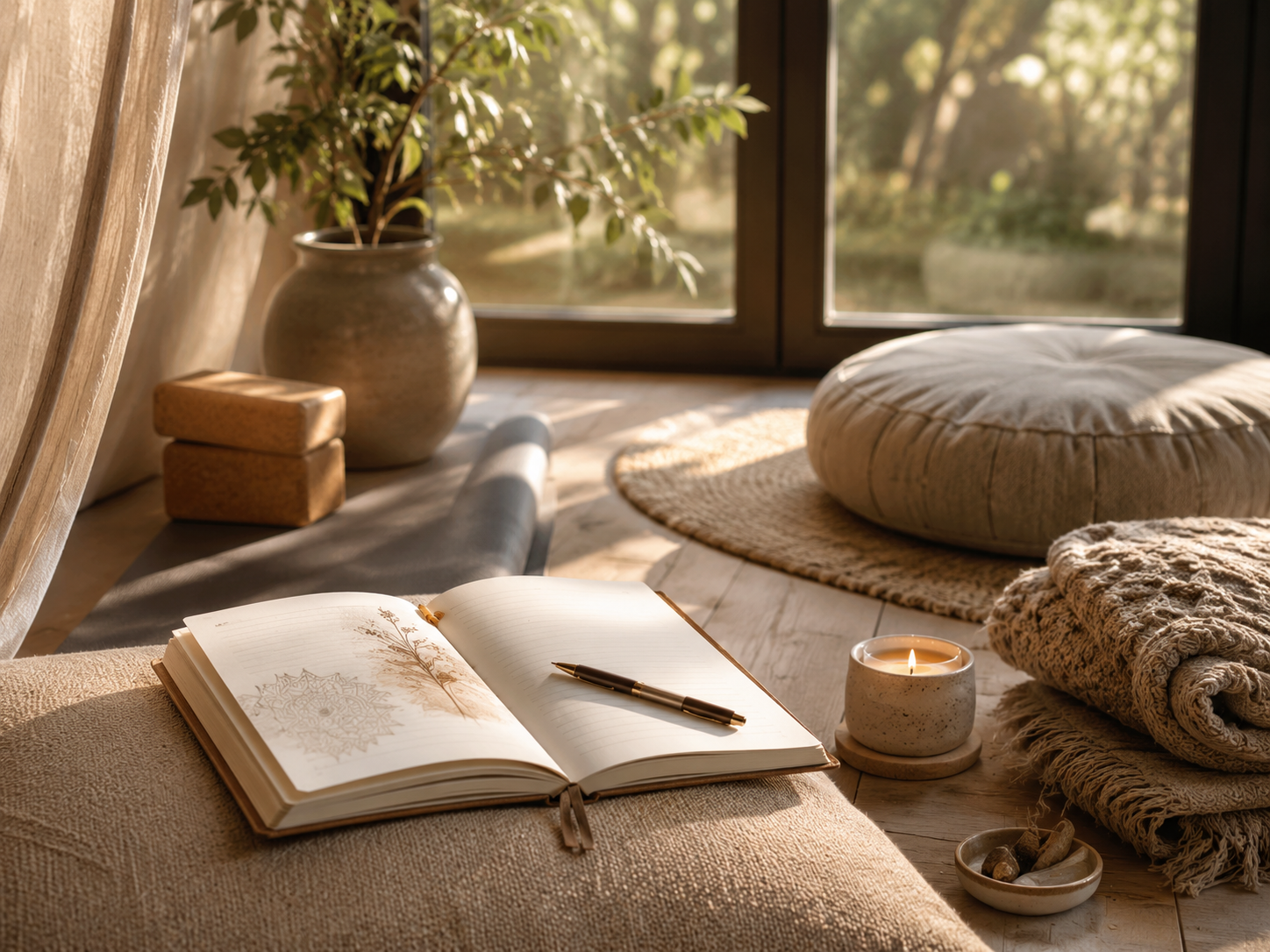 Peaceful yoga journal, candle, blanket, and mindfulness corner