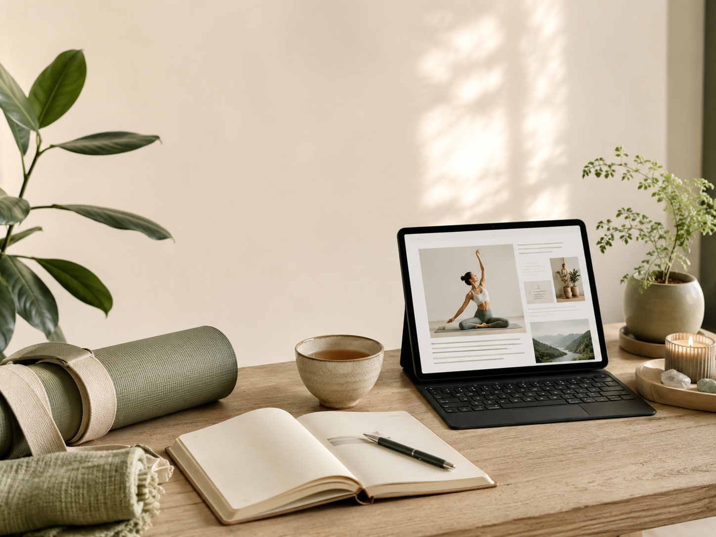 Yoga journal workspace with tablet, notebook, tea, and natural light