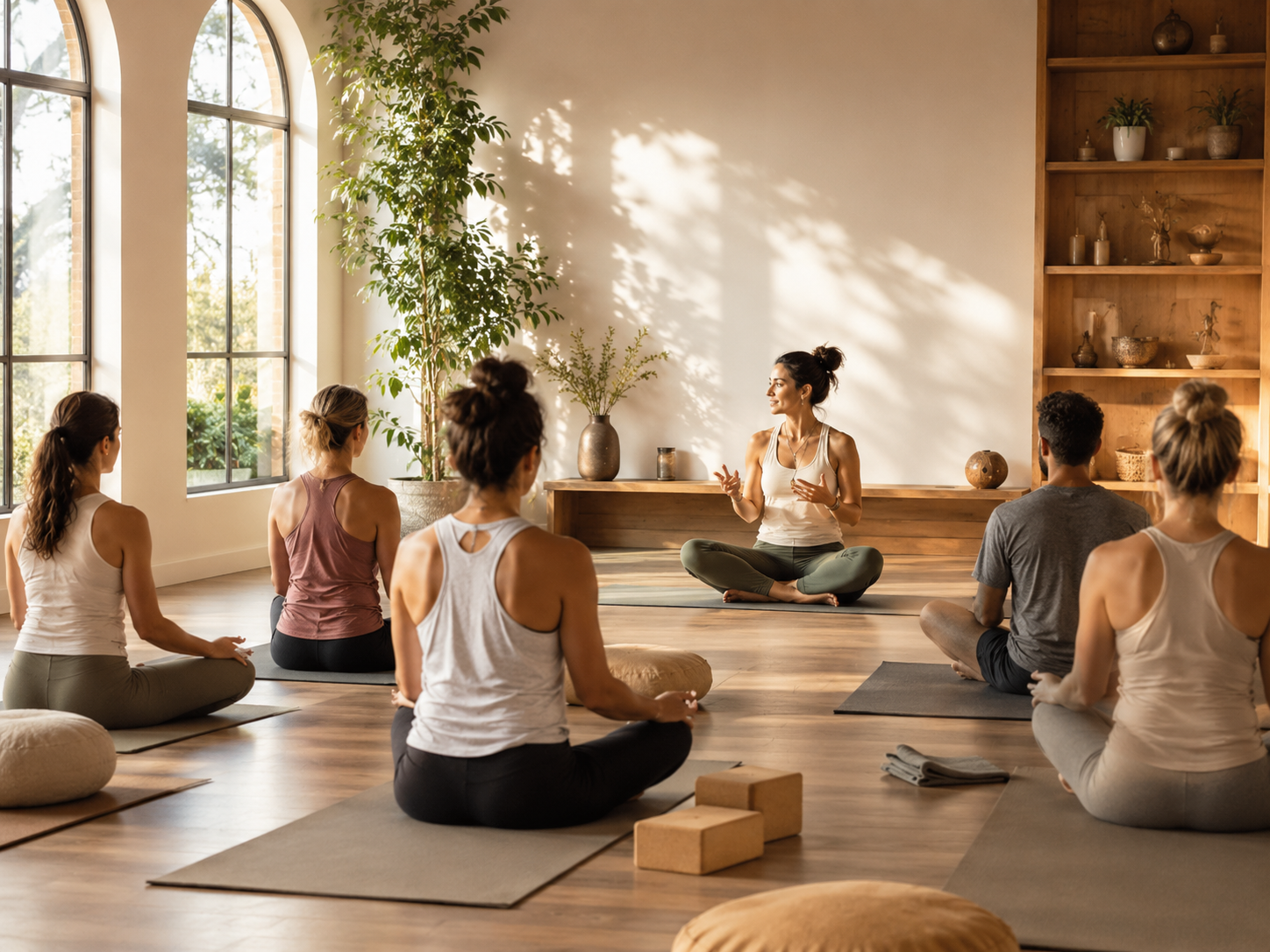 Yoga teacher guiding a class in a natural light studio